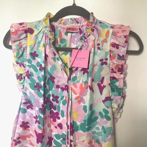 Kate Spade Painted Petals Tie-Neck Ruffle Floral Blouse Top Shirt - Picture 3 of 7